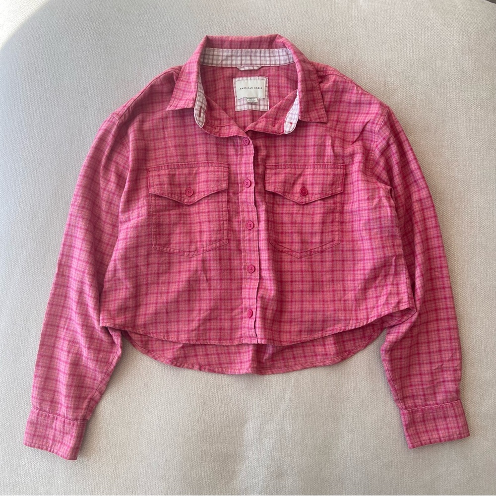 American Eagle Pink Plaid Cropped Button Down Flannel Shirt Women’s XS
